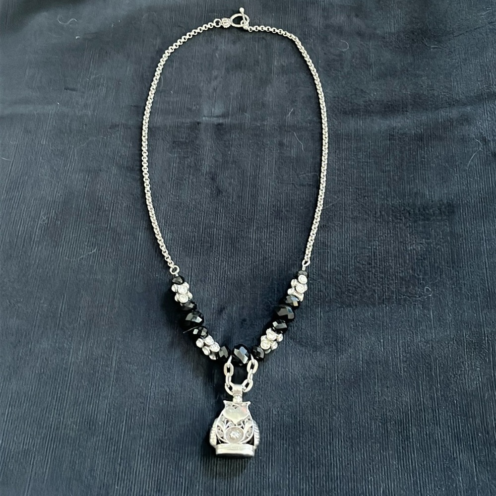 Owl necklace rhinestones and black beads